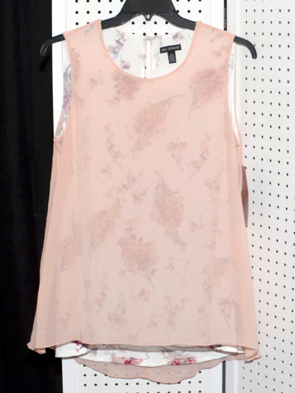 NWT Large Nina Leonard Blush Pink Sheer Over Floral Layered Sleeveless Blouse
